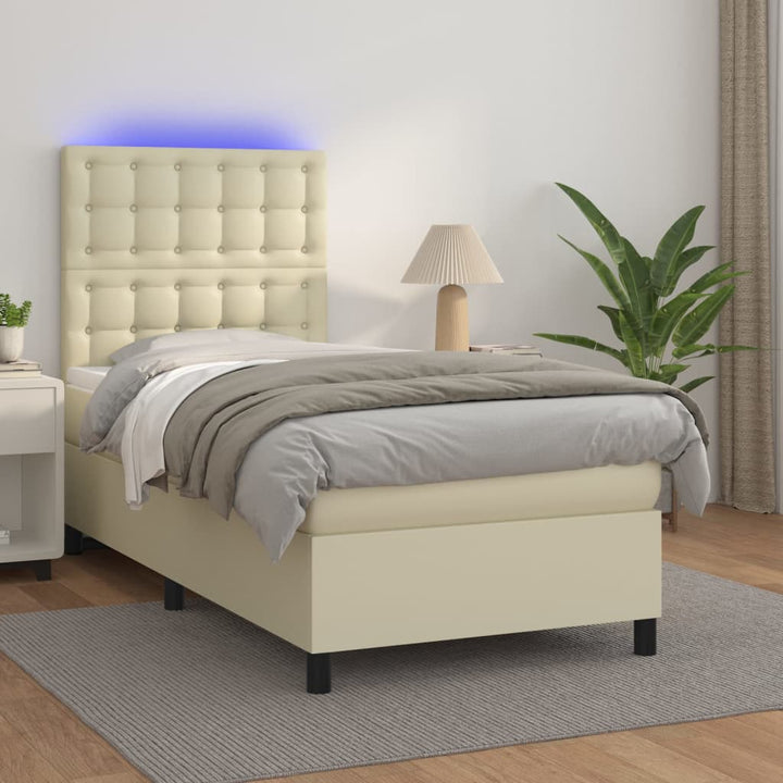 kontinentalseng med LED-lys 90x190 cm kunstlæder cremefarvet