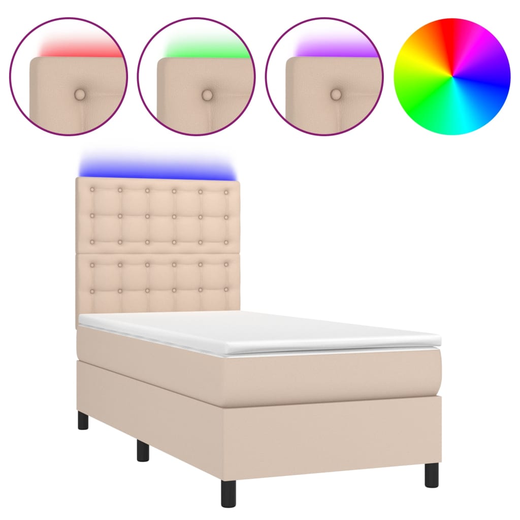 kontinentalseng LED-lys 90x190 cm kunstlæder cappuccinofarvet
