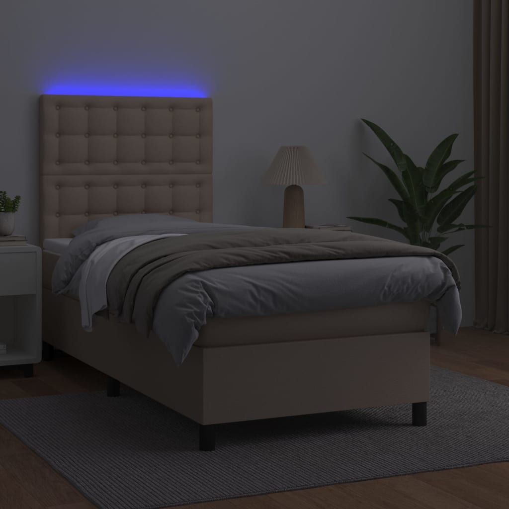 kontinentalseng LED-lys 90x190 cm kunstlæder cappuccinofarvet
