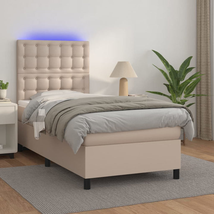 kontinentalseng LED-lys 90x190 cm kunstlæder cappuccinofarvet