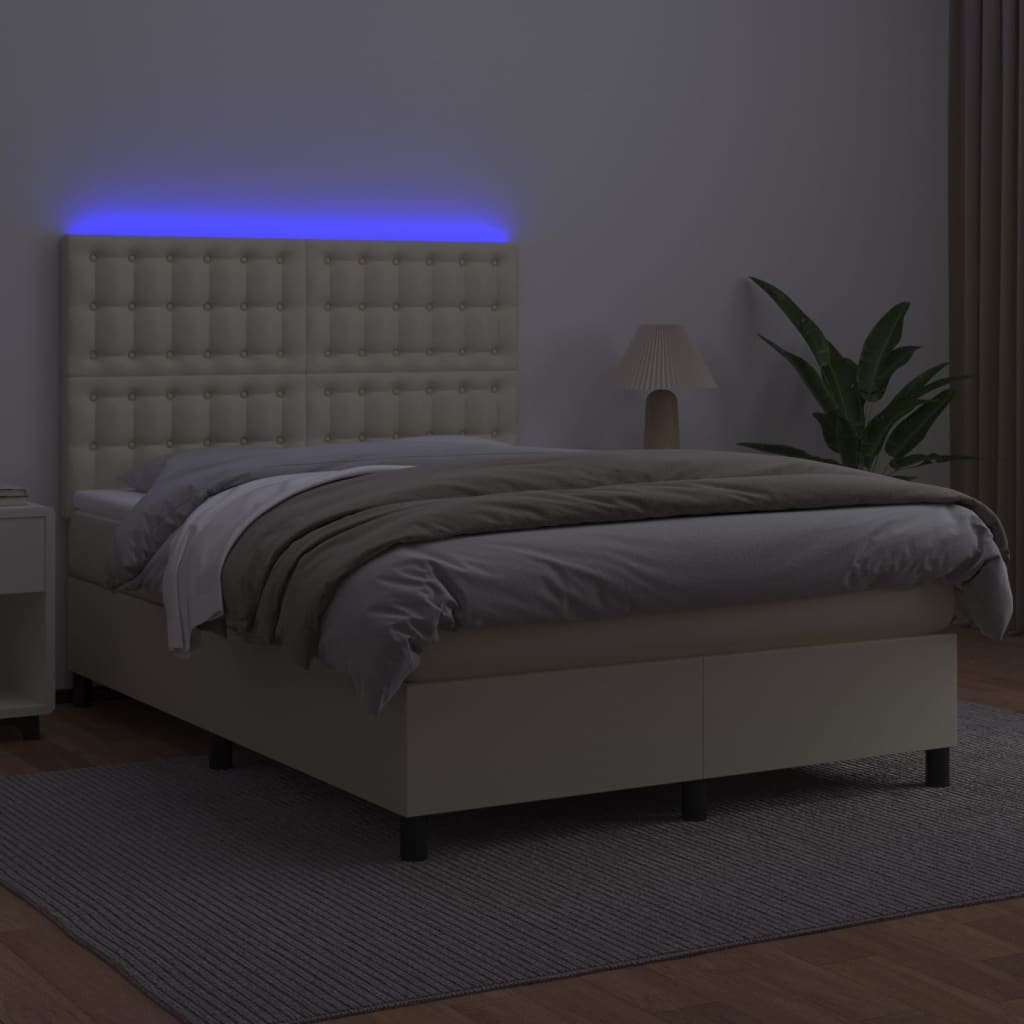 kontinentalseng med LED-lys 140x200 cm kunstlæder cremefarvet