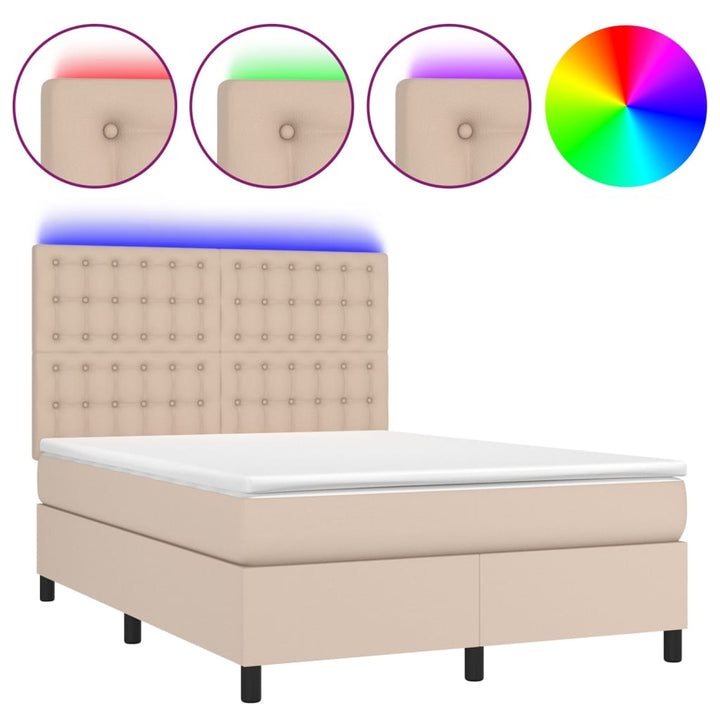 kontinentalseng LED-lys 140x200 cm kunstlæder cappuccinofarvet