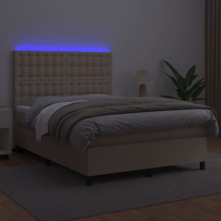 kontinentalseng LED-lys 140x200 cm kunstlæder cappuccinofarvet