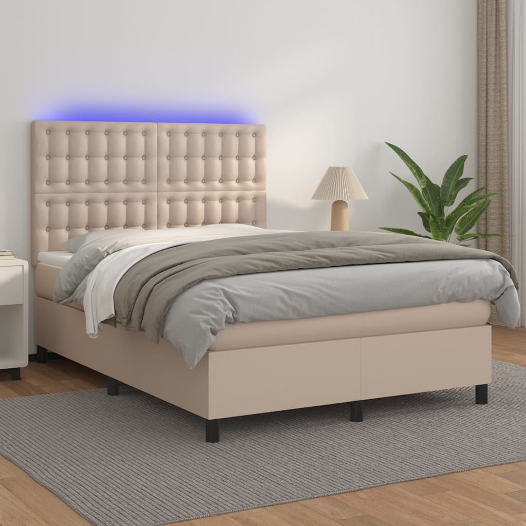 kontinentalseng LED-lys 140x200 cm kunstlæder cappuccinofarvet