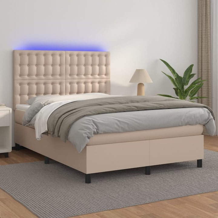 kontinentalseng LED-lys 140x200 cm kunstlæder cappuccinofarvet