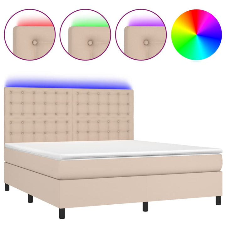 kontinentalseng LED-lys 160x200 cm kunstlæder cappuccinofarvet