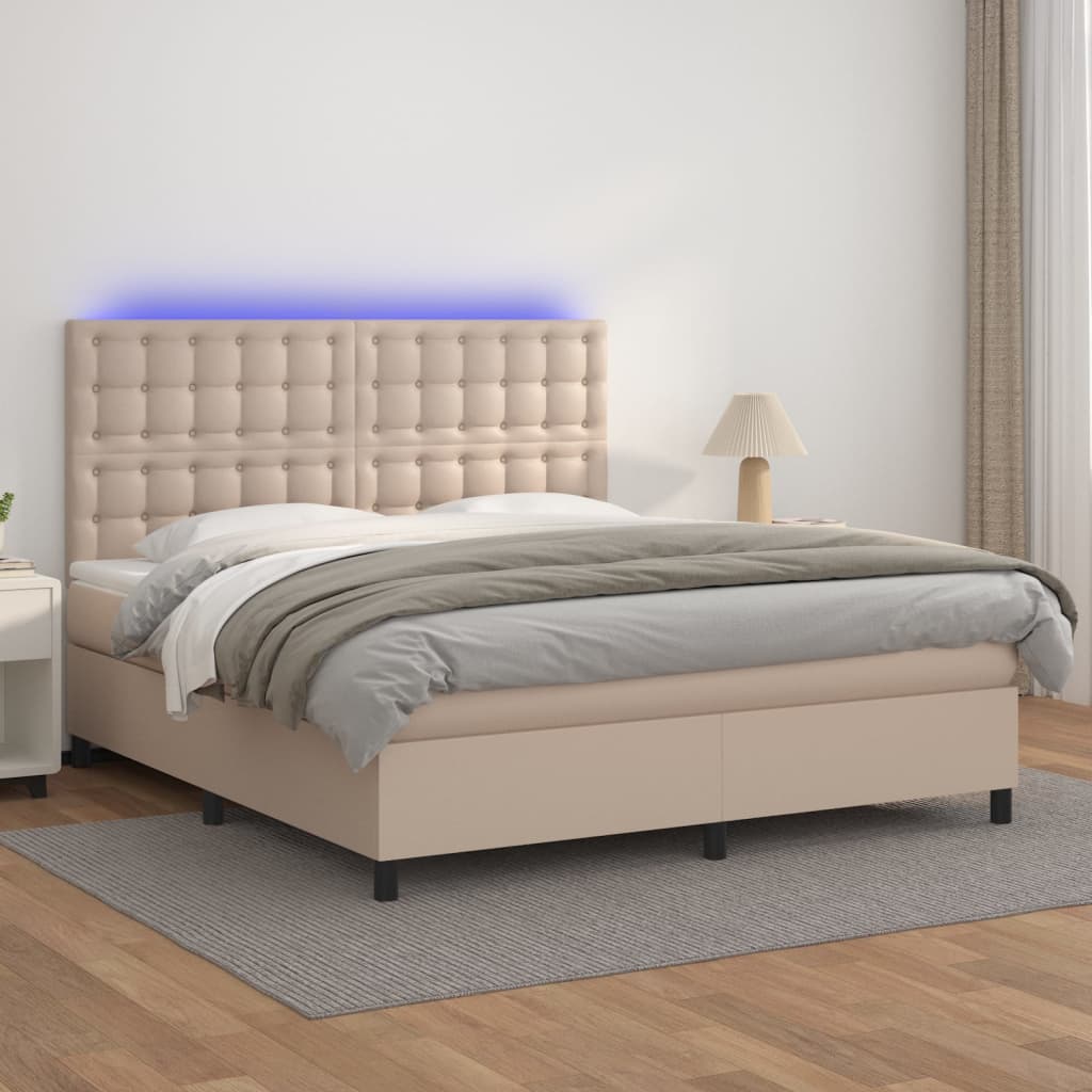 kontinentalseng LED-lys 160x200 cm kunstlæder cappuccinofarvet