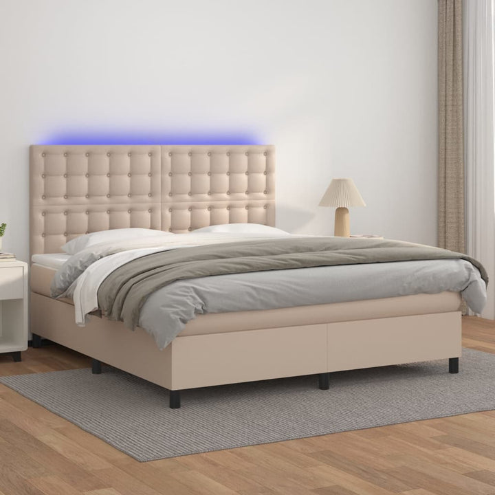 kontinentalseng LED-lys 160x200 cm kunstlæder cappuccinofarvet