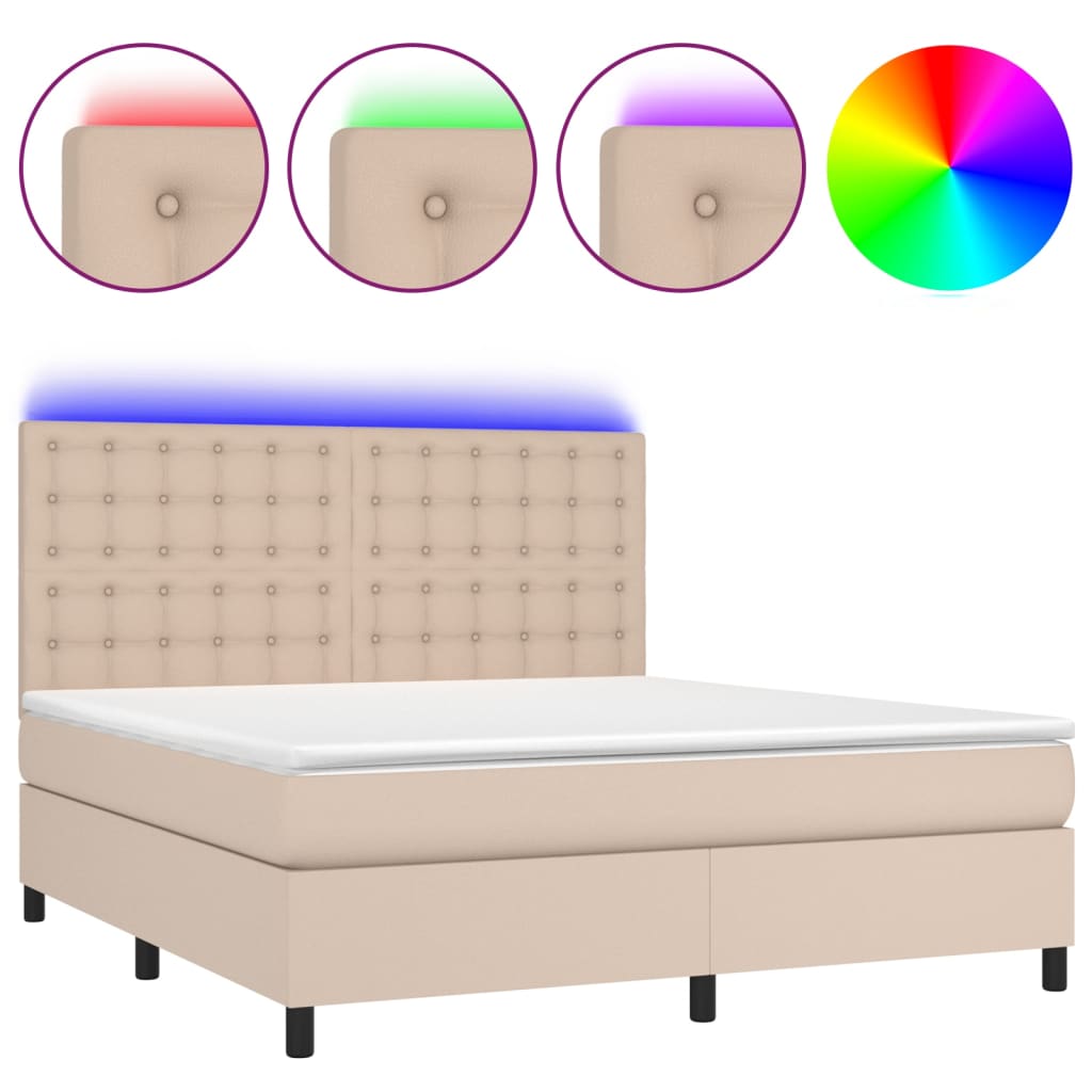 kontinentalseng LED-lys 180x200 cm kunstlæder cappuccinofarvet