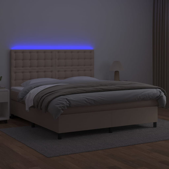 kontinentalseng LED-lys 180x200 cm kunstlæder cappuccinofarvet