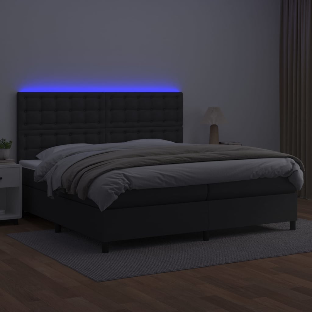 kontinentalseng med LED-lys 200x200 cm kunstlæder sort