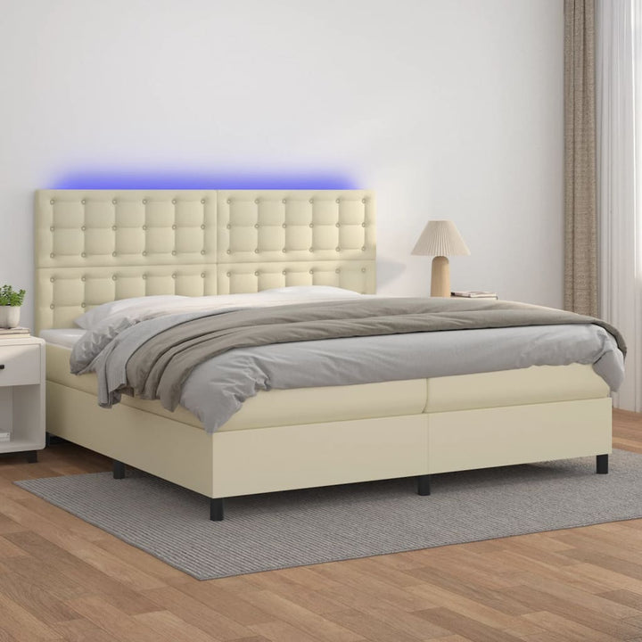 kontinentalseng med LED-lys 200x200 cm kunstlæder cremefarvet