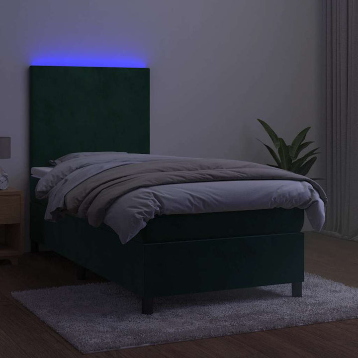 kontinentalseng med LED-lys 90x200 cm fløjl mørkegrøn