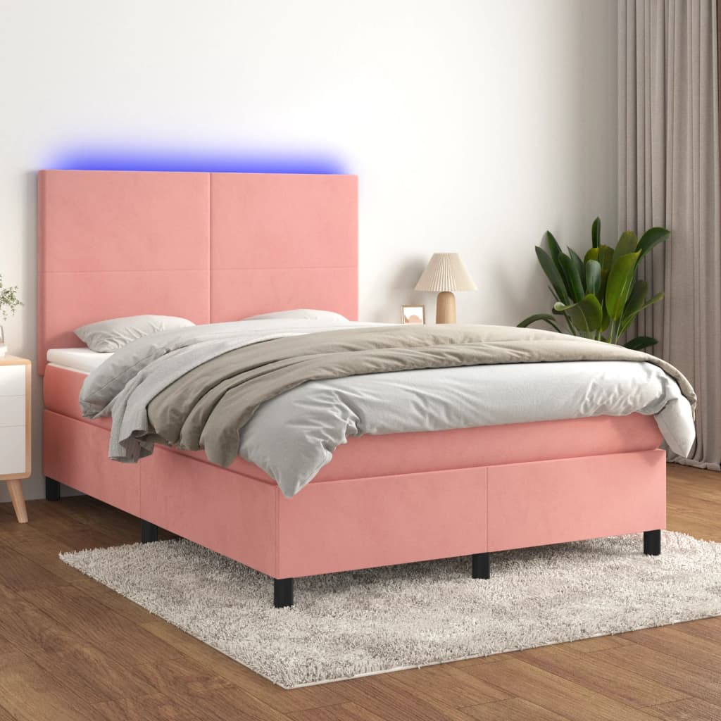 kontinentalseng med LED-lys 140x190 cm fløjl lyserød