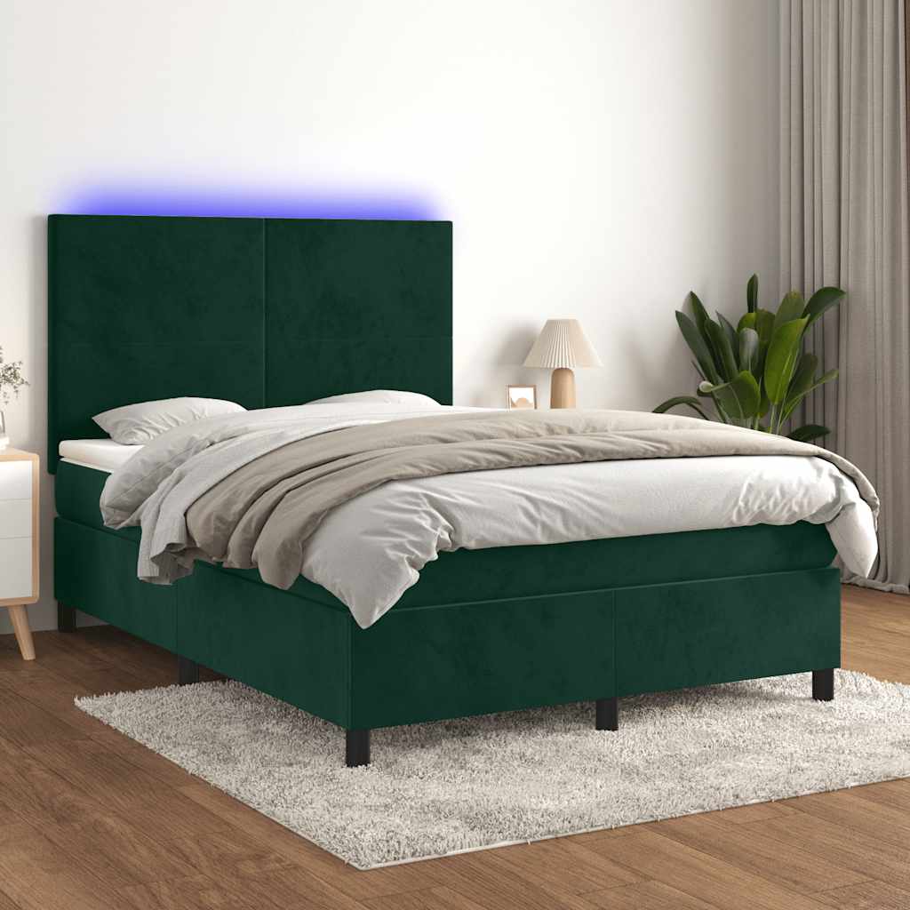 kontinentalseng med LED-lys 140x200 cm fløjl mørkegrøn