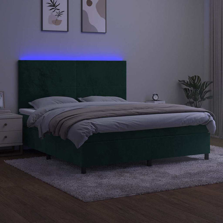 kontinentalseng med LED-lys 160x200 cm fløjl mørkegrøn