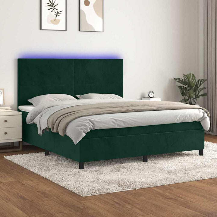 kontinentalseng med LED-lys 160x200 cm fløjl mørkegrøn
