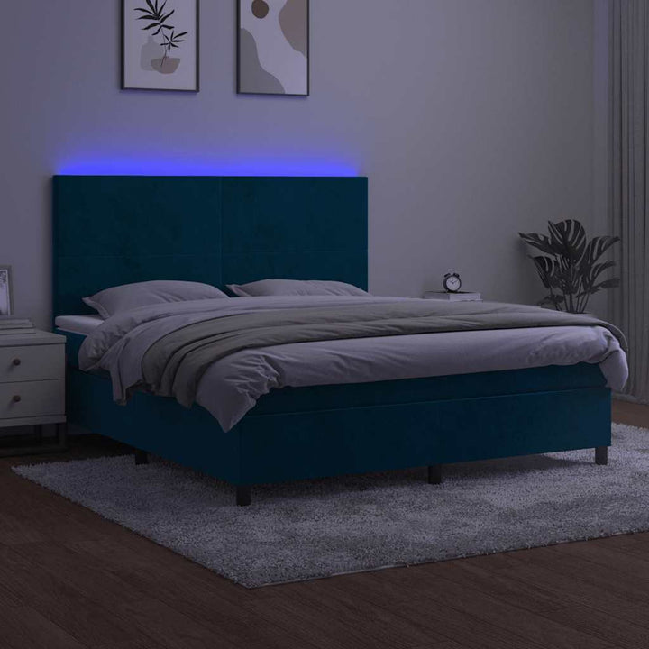 kontinentalseng med LED-lys 160x200 cm fløjl mørkeblå