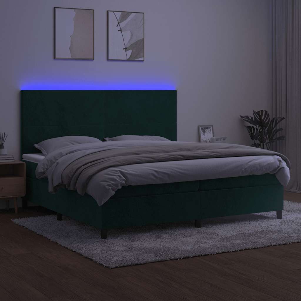 kontinentalseng med LED-lys 200x200 cm fløjl mørkegrøn