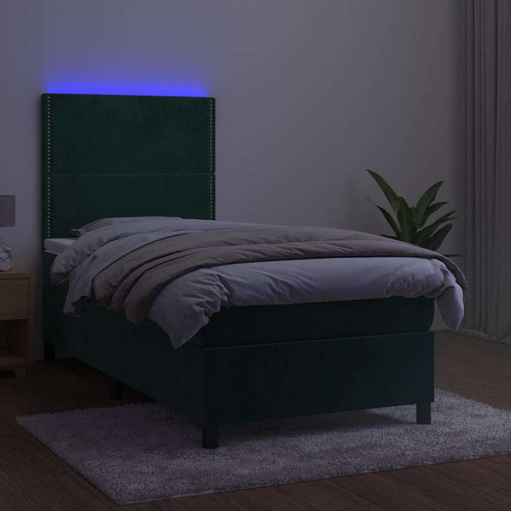 kontinentalseng med LED-lys 90x190 cm fløjl mørkegrøn