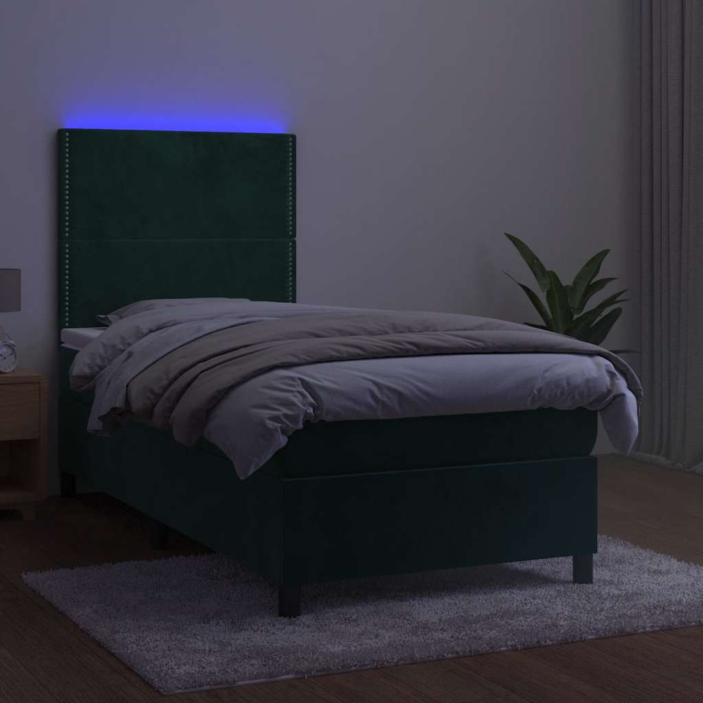 kontinentalseng med LED-lys 100x200 cm fløjl mørkegrøn
