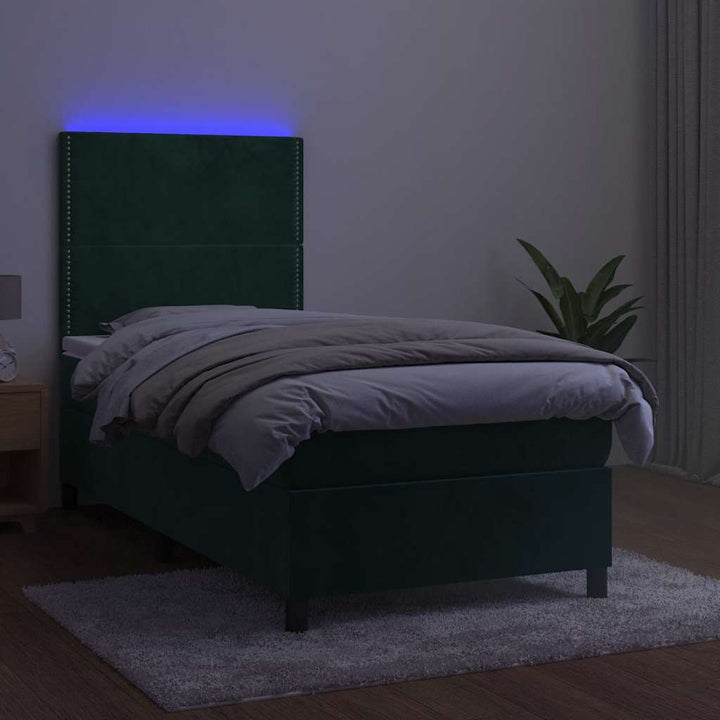 kontinentalseng med LED-lys 100x200 cm fløjl mørkegrøn