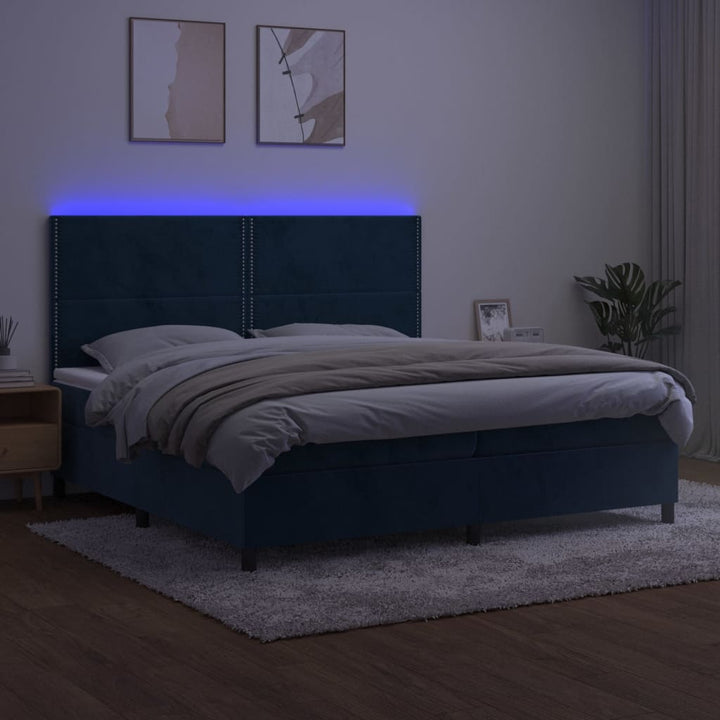 kontinentalseng med LED-lys 200x200 cm fløjl mørkeblå