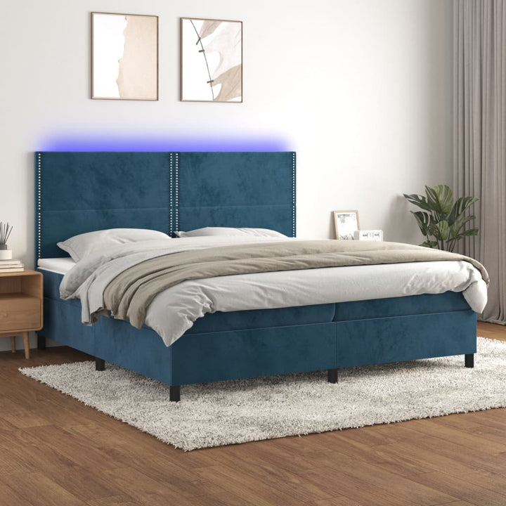 kontinentalseng med LED-lys 200x200 cm fløjl mørkeblå