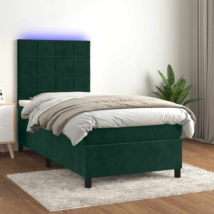 kontinentalseng med LED-lys 90x190 cm fløjl mørkegrøn