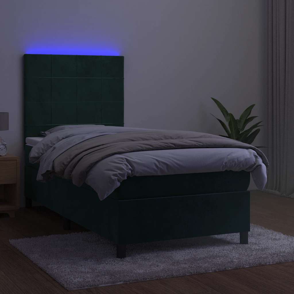 kontinentalseng med LED-lys 100x200 cm fløjl mørkegrøn