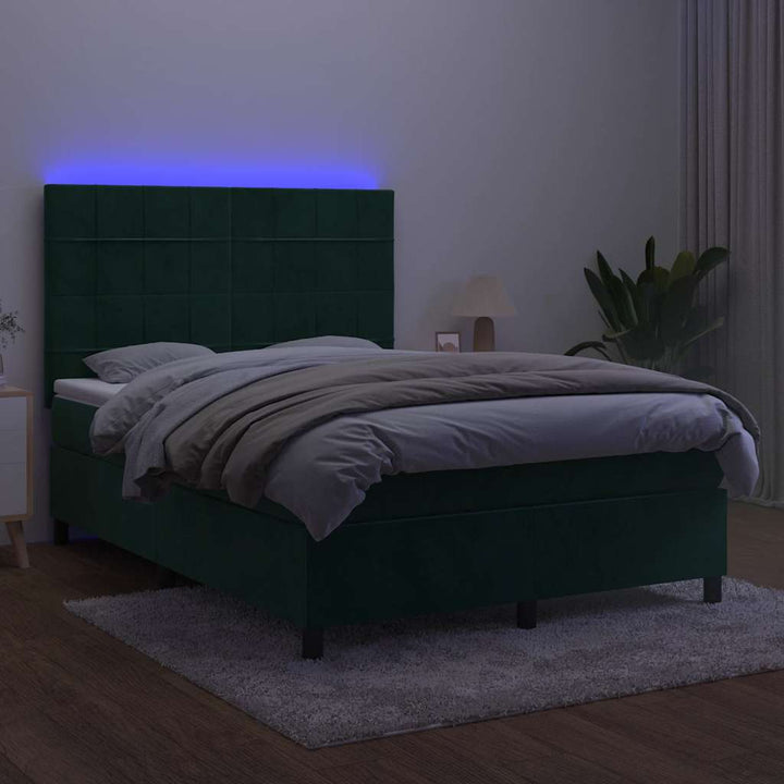 kontinentalseng med LED-lys 140x190 cm fløjl mørkegrøn