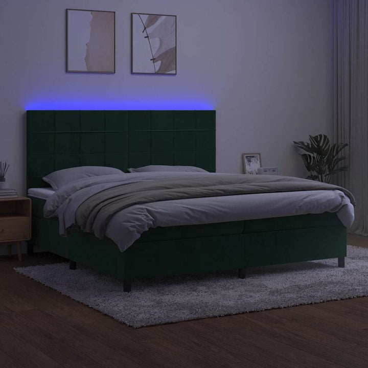 kontinentalseng med LED-lys 200x200 cm fløjl mørkegrøn