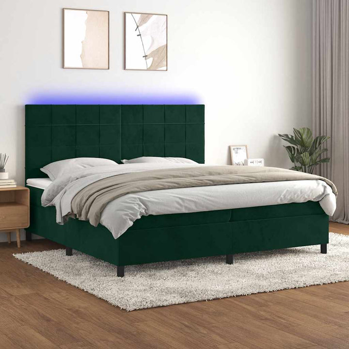 kontinentalseng med LED-lys 200x200 cm fløjl mørkegrøn