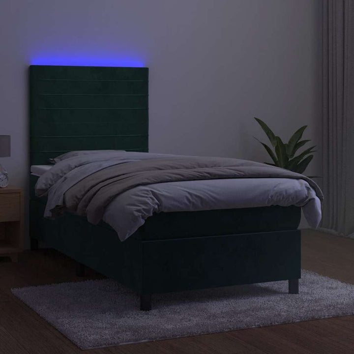 kontinentalseng med LED-lys 90x190 cm fløjl mørkegrøn