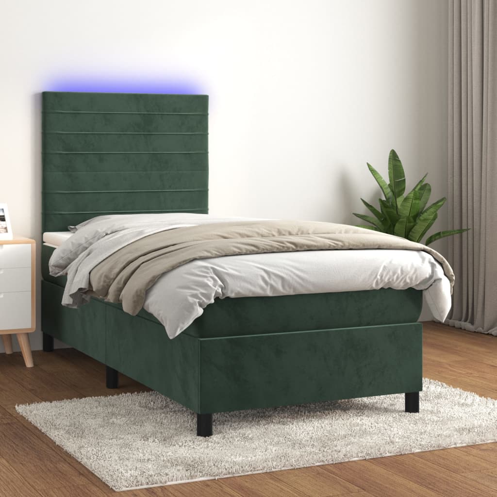 kontinentalseng med LED-lys 90x200 cm fløjl mørkegrøn