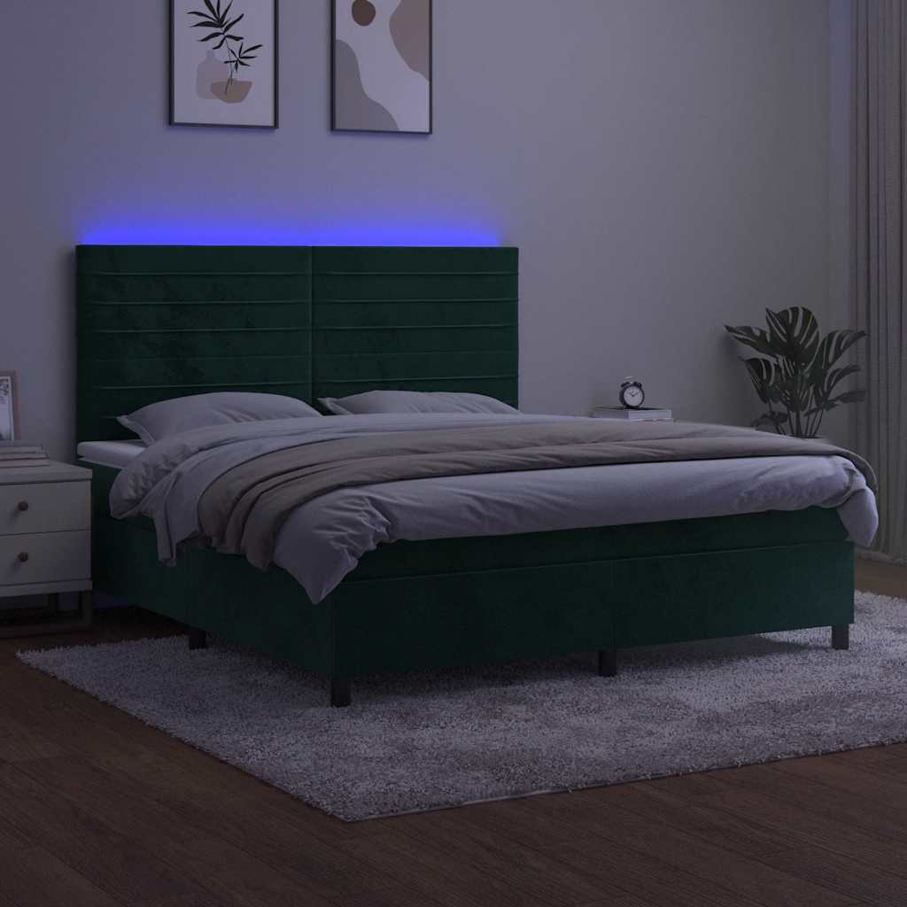 kontinentalseng med LED-lys 160x200 cm fløjl mørkegrøn