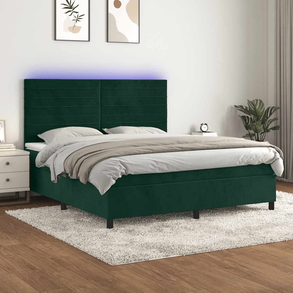 kontinentalseng med LED-lys 160x200 cm fløjl mørkegrøn