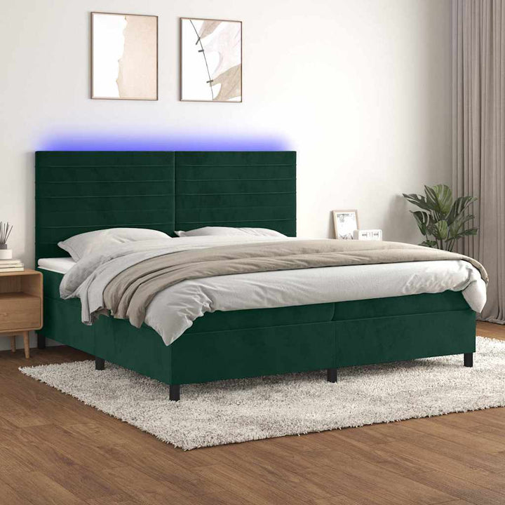 kontinentalseng med LED-lys 200x200 cm fløjl mørkegrøn