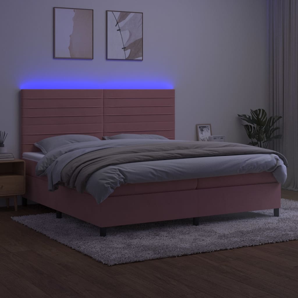 kontinentalseng med LED-lys 200x200 cm fløjl lyserød