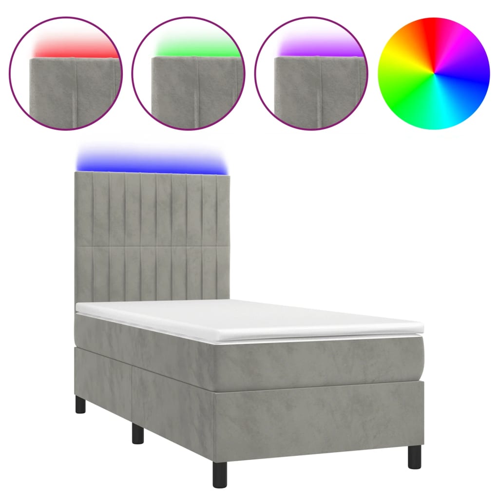 kontinentalseng med LED-lys 90x190 cm fløjl lysegrå