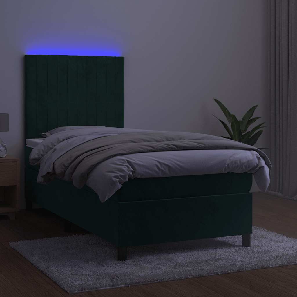 kontinentalseng med LED-lys 90x190 cm fløjl mørkegrøn