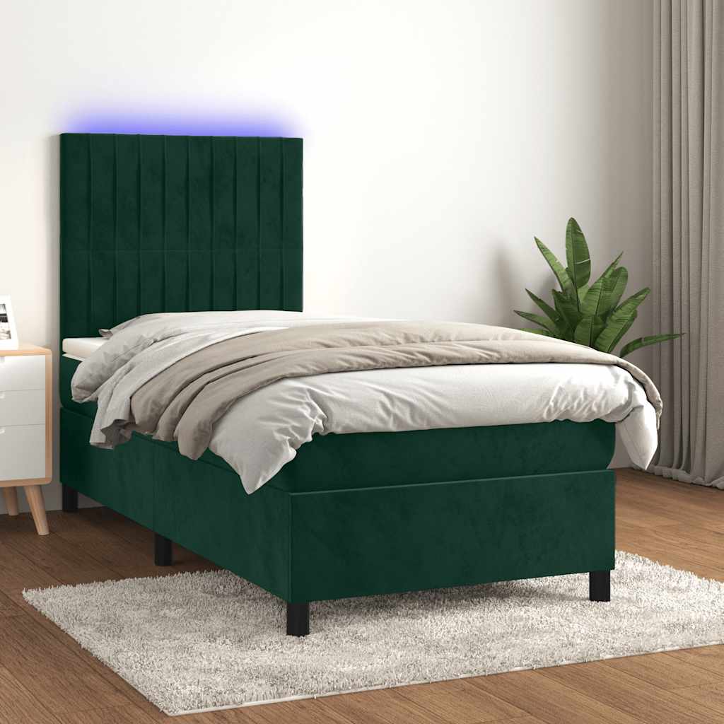 kontinentalseng med LED-lys 100x200 cm fløjl mørkegrøn
