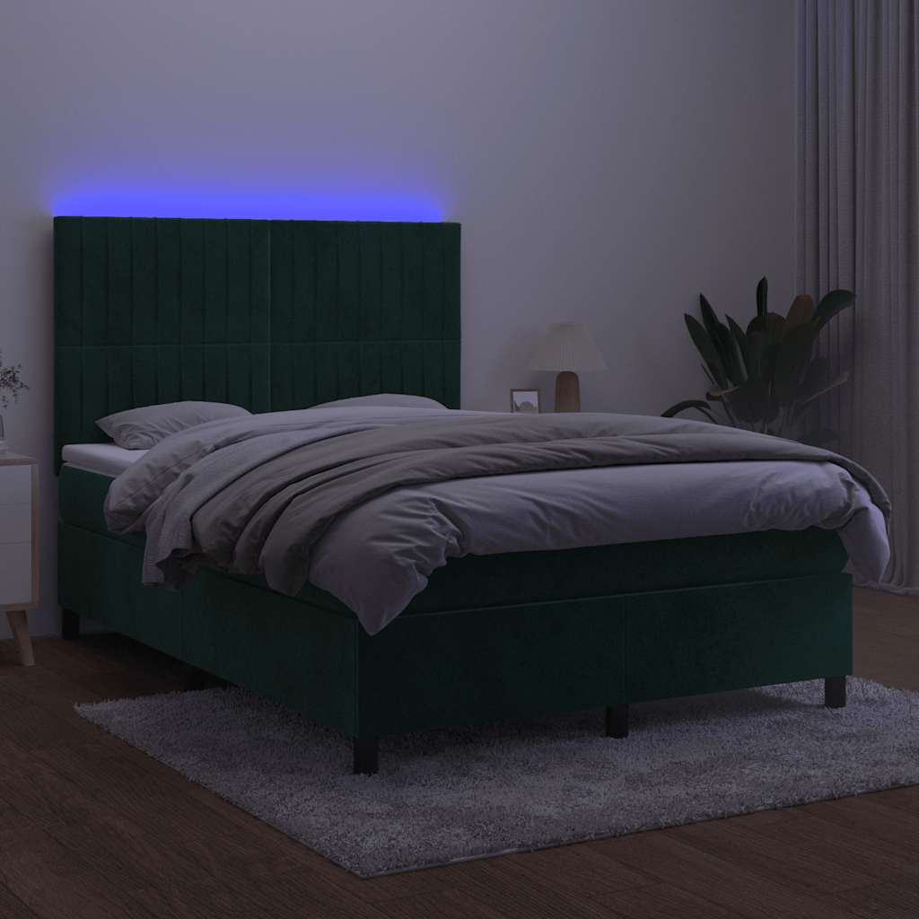 kontinentalseng med LED-lys 140x200 cm fløjl mørkegrøn