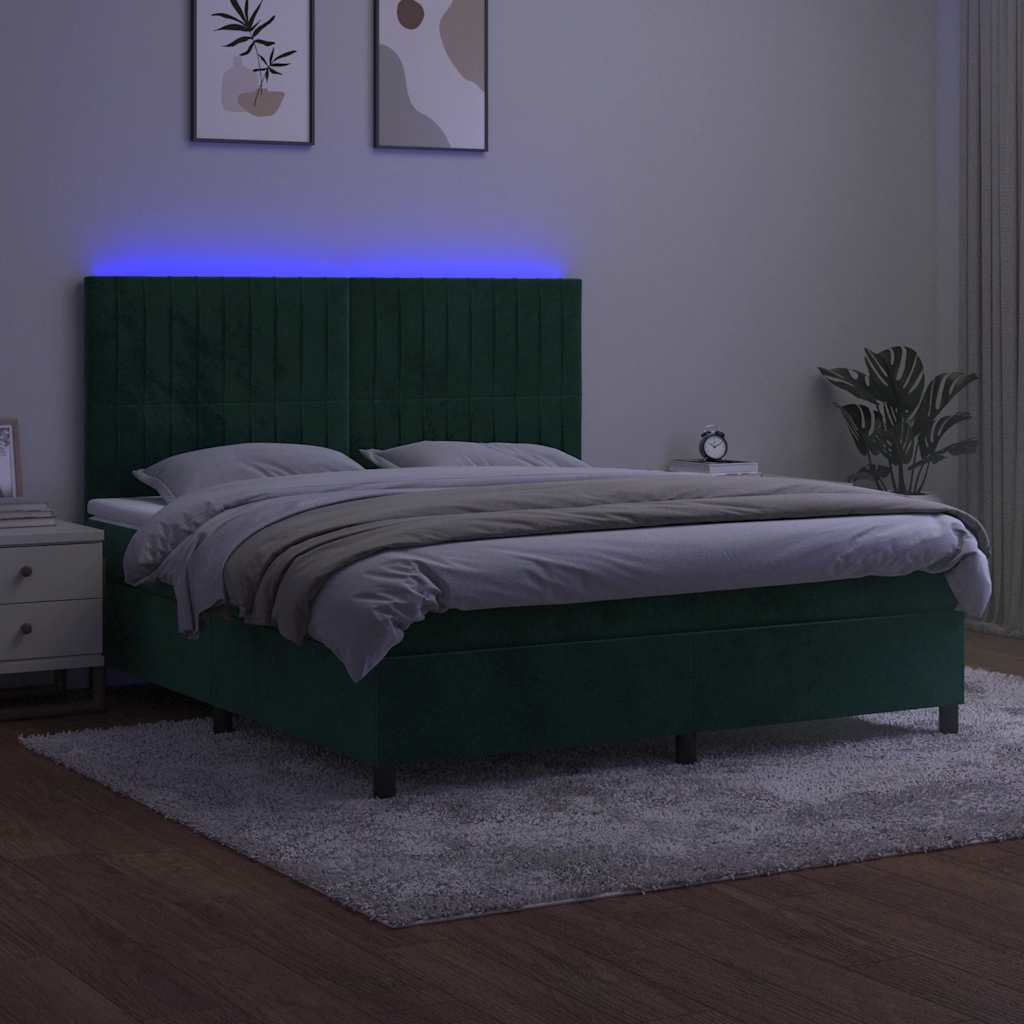 kontinentalseng med LED-lys 160x200 cm fløjl mørkegrøn