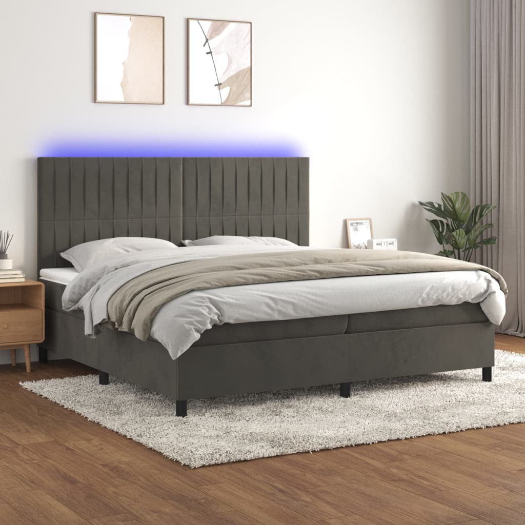 kontinentalseng med LED-lys 200x200 cm fløjl mørkegrå