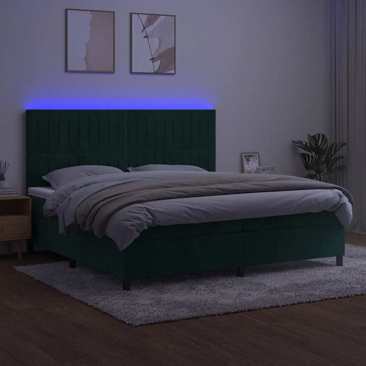 kontinentalseng med LED-lys 200x200 cm fløjl mørkegrøn