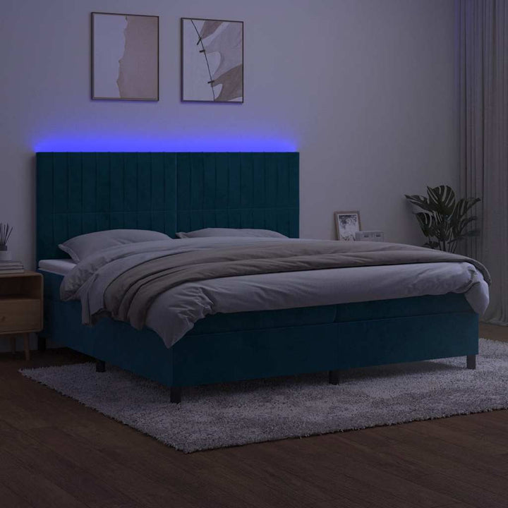 kontinentalseng med LED-lys 200x200 cm fløjl mørkeblå