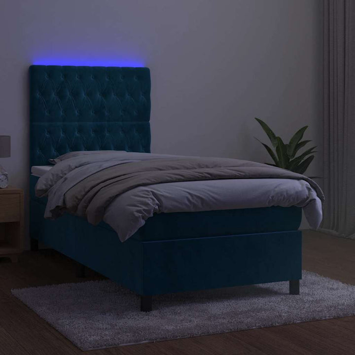kontinentalseng med LED-lys 90x190 cm fløjl mørkeblå