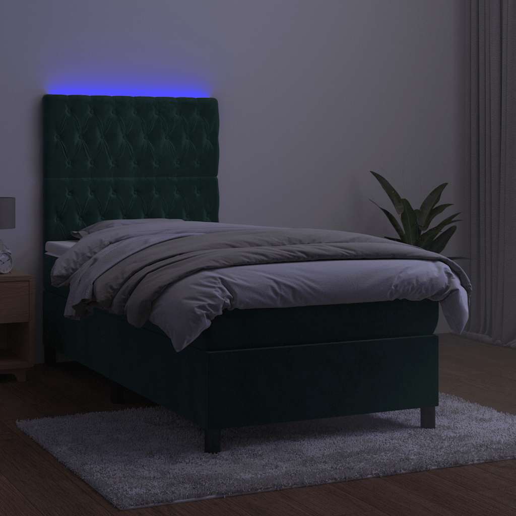 kontinentalseng med LED-lys 90x200 cm fløjl mørkegrøn