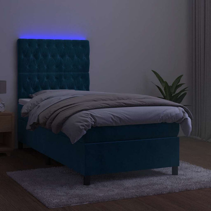 kontinentalseng med LED-lys 90x200 cm fløjl mørkeblå